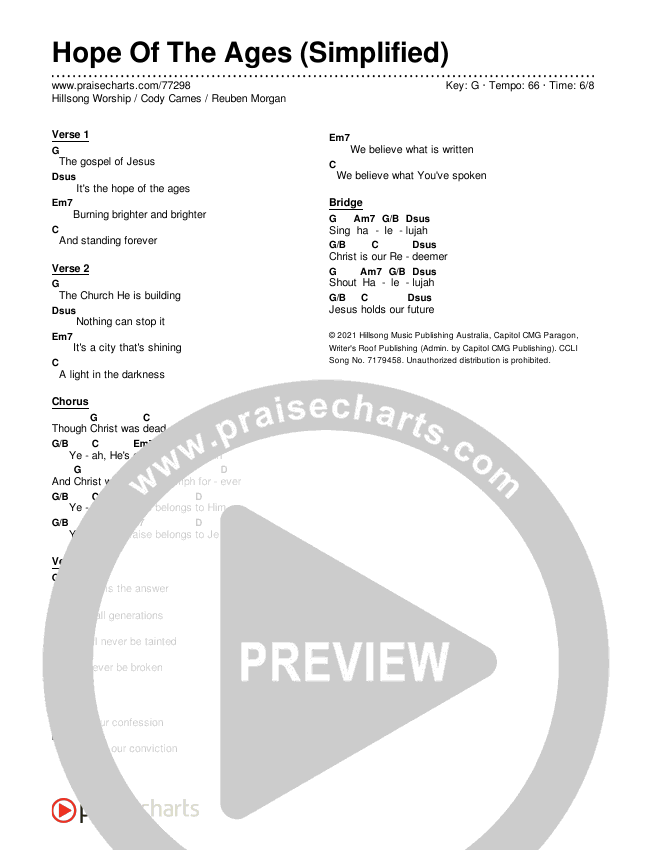 Hope Of The Ages (Simplified) Chord Chart (Hillsong Worship / Cody Carnes / Reuben Morgan)