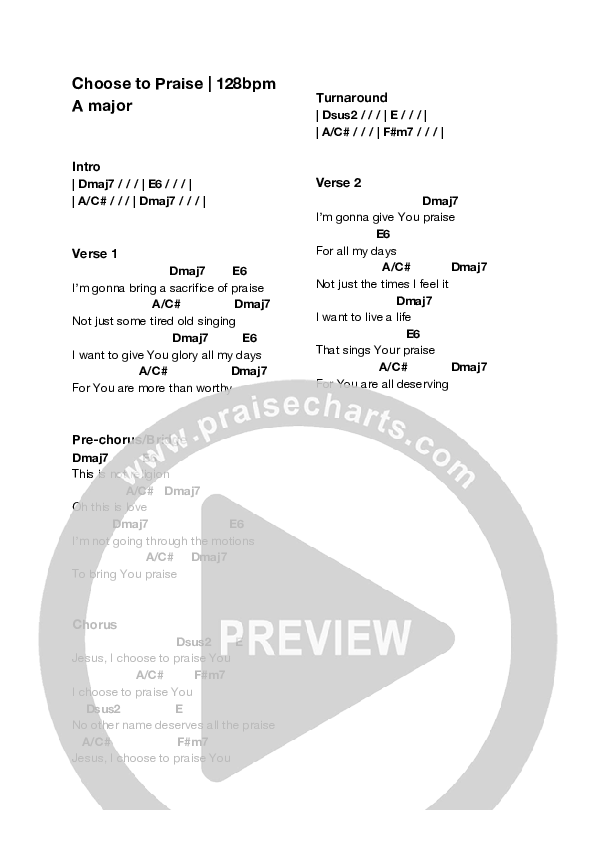 Choose To Praise (Live) Chord Chart (Equippers Church)