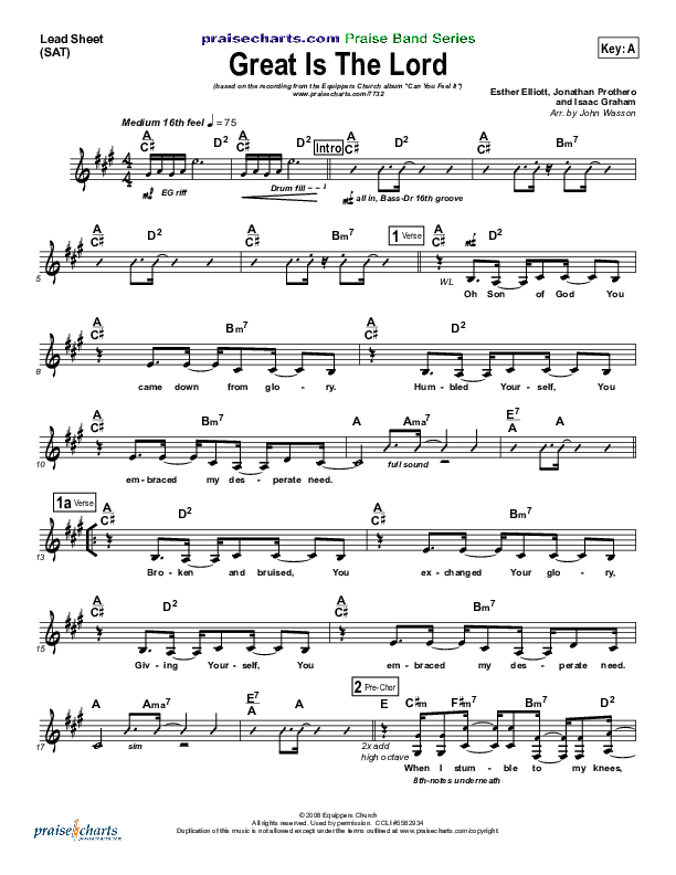 Great Is The Lord Lead Sheet (Equippers Church)
