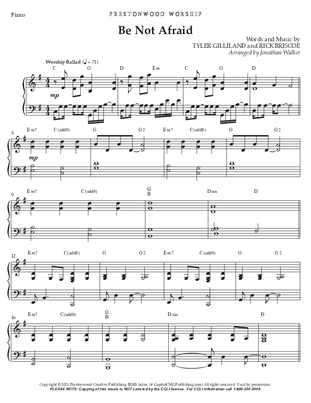 Be Not Afraid (Choral Anthem SATB) Piano Sheet (Prestonwood Worship / Prestonwood Choir / Arr. Jonathan Walker)