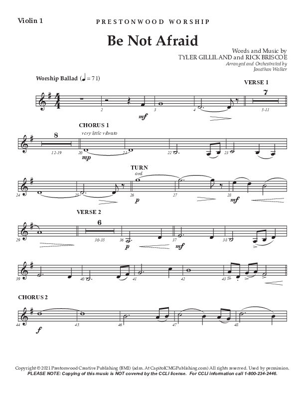 Be Not Afraid (Choral Anthem SATB) Violin 1 (Prestonwood Worship / Prestonwood Choir / Arr. Jonathan Walker)