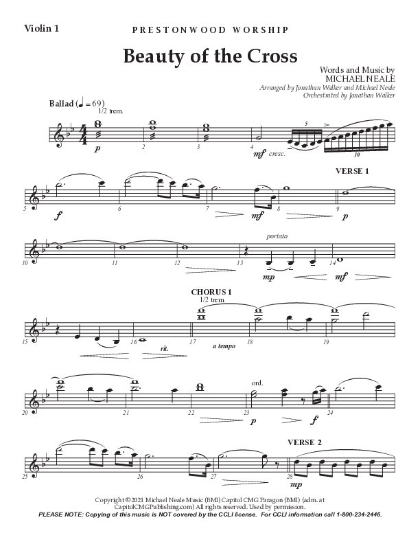 Beauty Of The Cross (Choral Anthem) Violin 1 (Prestonwood Choir / Arr. Jonathan Walker)