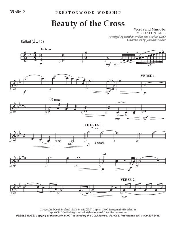 Beauty Of The Cross (Choral Anthem SATB) Violin 2 (Prestonwood Worship / Prestonwood Choir / Arr. Jonathan Walker)
