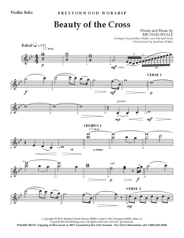 Beauty Of The Cross (Choral Anthem SATB) Violins (Prestonwood Choir / Arr. Jonathan Walker)