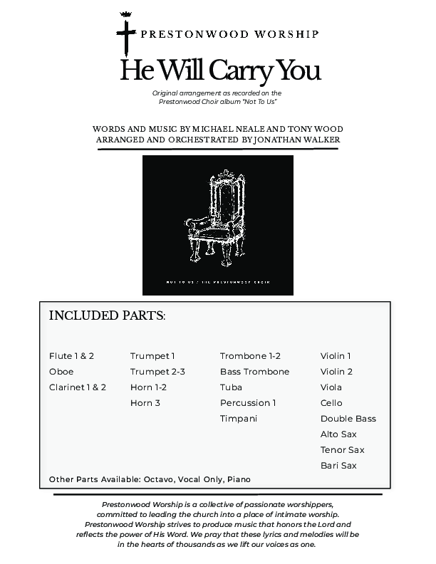 He Will Carry You (Choral Anthem SATB) Orchestration (Prestonwood Worship / Prestonwood Choir / Arr. Jonathan Walker)