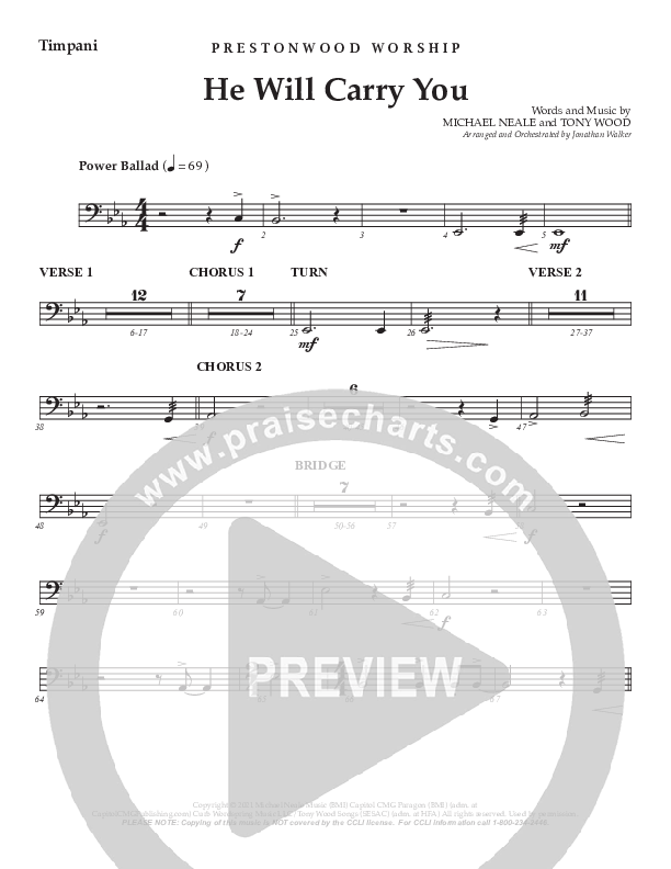He Will Carry You (Choral Anthem SATB) Timpani (Prestonwood Worship / Prestonwood Choir / Arr. Jonathan Walker)