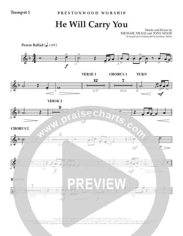 He Will Carry You (Choral Anthem SATB) Trumpet 1 (Prestonwood Worship / Prestonwood Choir / Arr. Jonathan Walker)