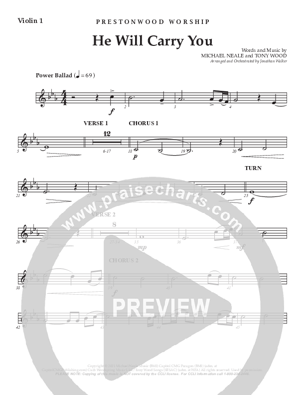 He Will Carry You (Choral Anthem SATB) Violin 1 (Prestonwood Worship / Prestonwood Choir / Arr. Jonathan Walker)