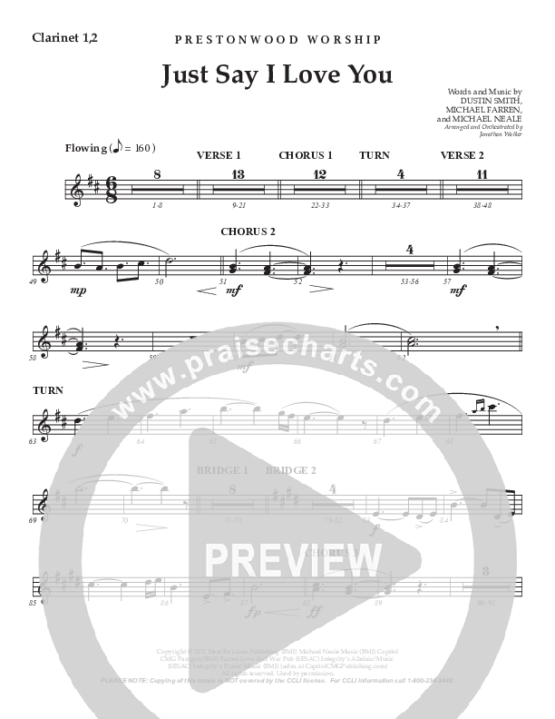 Just Say I Love You (Choral Anthem SATB) Clarinet 1/2 (Prestonwood Worship / Prestonwood Choir / Arr. Jonathan Walker)