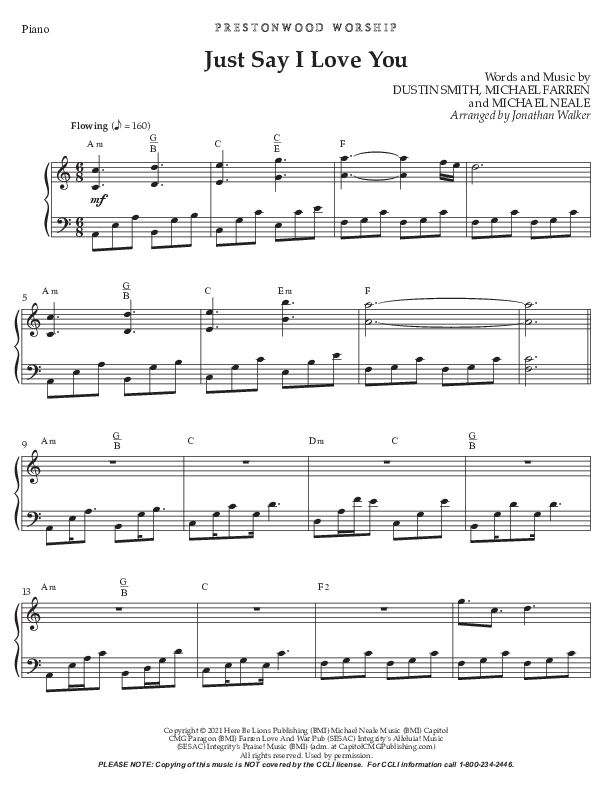 Just Say I Love You (Choral Anthem SATB) Piano Sheet (Prestonwood Worship / Prestonwood Choir / Arr. Jonathan Walker)