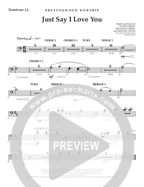 Just Say I Love You (Choral Anthem SATB) Trombone 1/2 (Prestonwood Worship / Prestonwood Choir / Arr. Jonathan Walker)