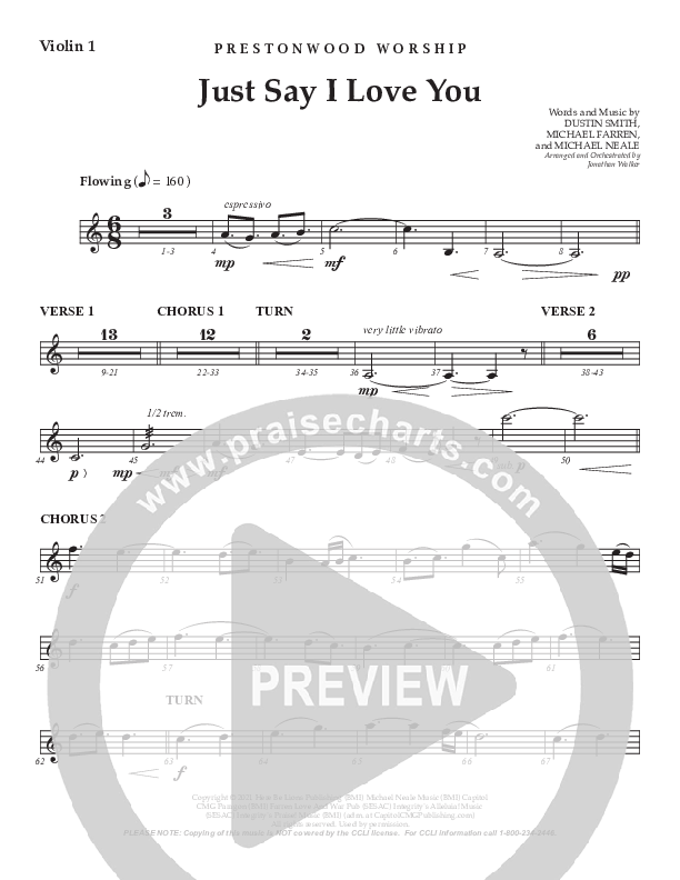 Just Say I Love You (Choral Anthem SATB) Violin 1 (Prestonwood Worship / Prestonwood Choir / Arr. Jonathan Walker)