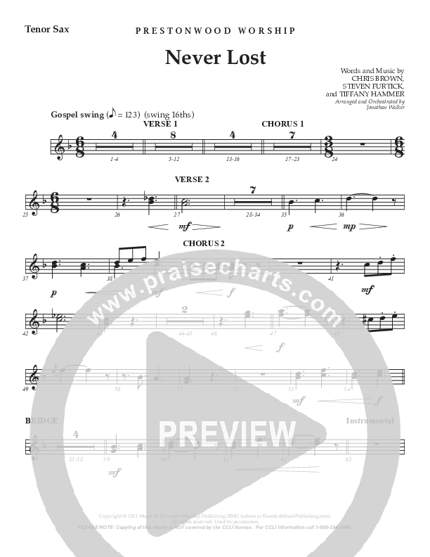 Never Lost (Choral Anthem SATB) Tenor Sax 2 (Prestonwood Worship / Prestonwood Choir / Arr. Jonathan Walker)