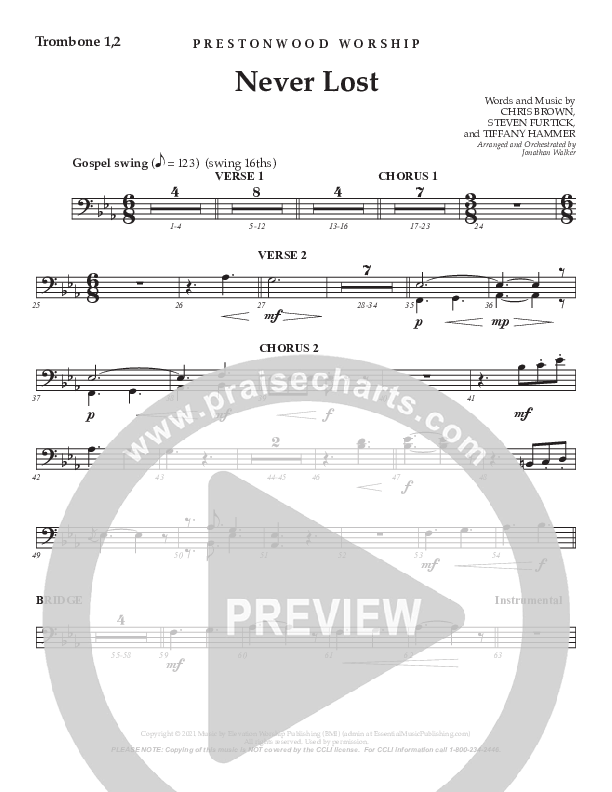 Never Lost (Choral Anthem SATB) Trombone 1/2 (Prestonwood Worship / Prestonwood Choir / Arr. Jonathan Walker)