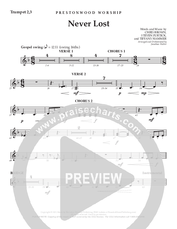 Never Lost (Choral Anthem SATB) Trumpet 2/3 (Prestonwood Worship / Prestonwood Choir / Arr. Jonathan Walker)