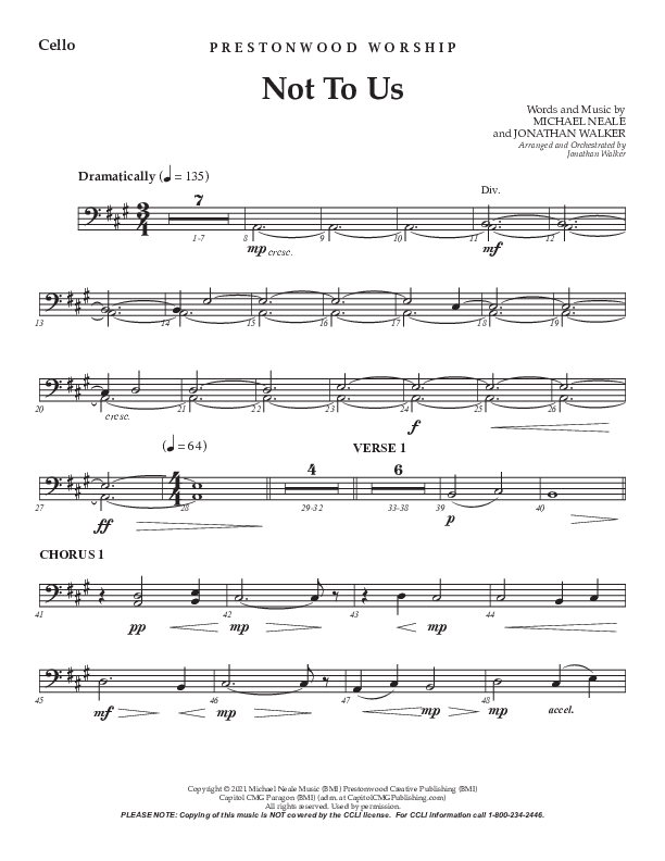 Not To Us (Choral Anthem SATB) Cello (Prestonwood Worship / Prestonwood Choir / Arr. Jonathan Walker)