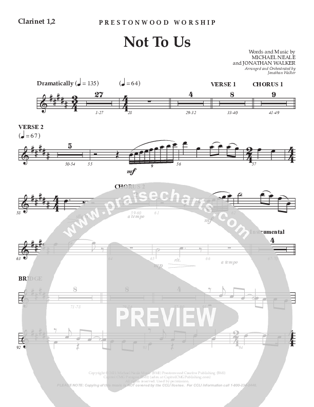 Not To Us (Choral Anthem SATB) Clarinet 1/2 (Prestonwood Worship / Prestonwood Choir / Arr. Jonathan Walker)