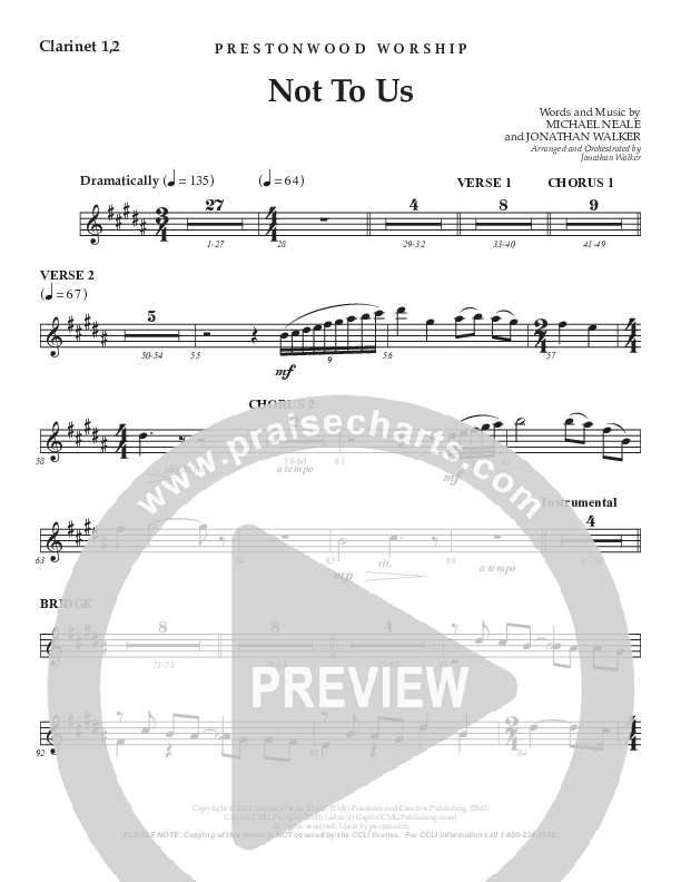 Not To Us (Choral Anthem SATB) Clarinet 1/2 (Prestonwood Worship / Prestonwood Choir / Arr. Jonathan Walker)