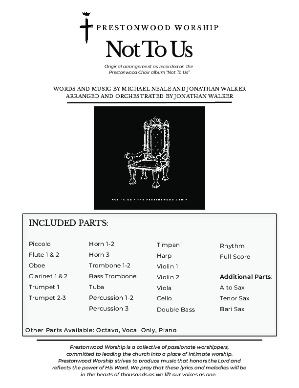 Not To Us (Choral Anthem SATB) Cover Sheet (Prestonwood Worship / Prestonwood Choir / Arr. Jonathan Walker)