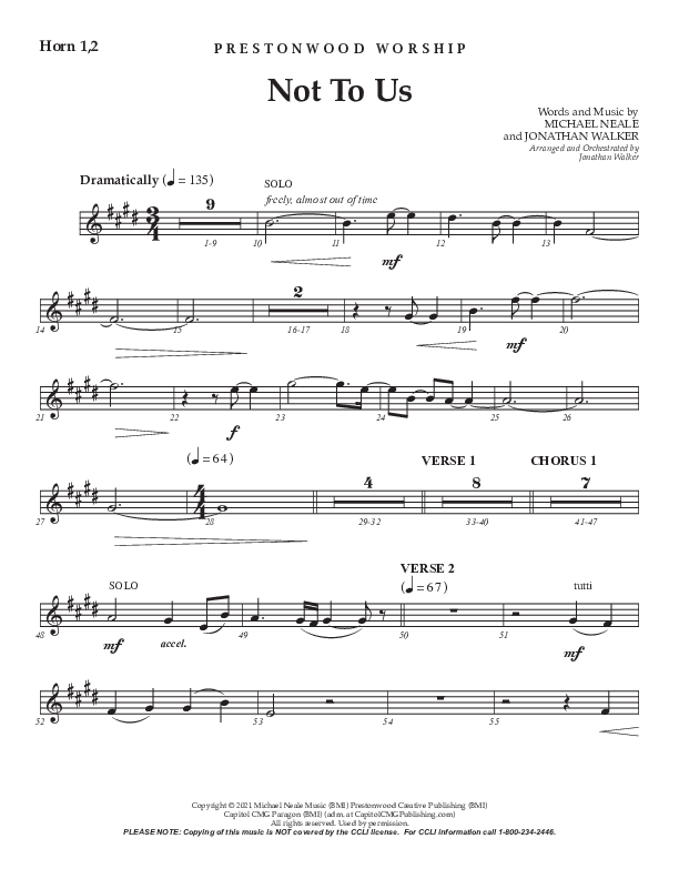Not To Us (Choral Anthem SATB) French Horn 1/2 (Prestonwood Worship / Prestonwood Choir / Arr. Jonathan Walker)