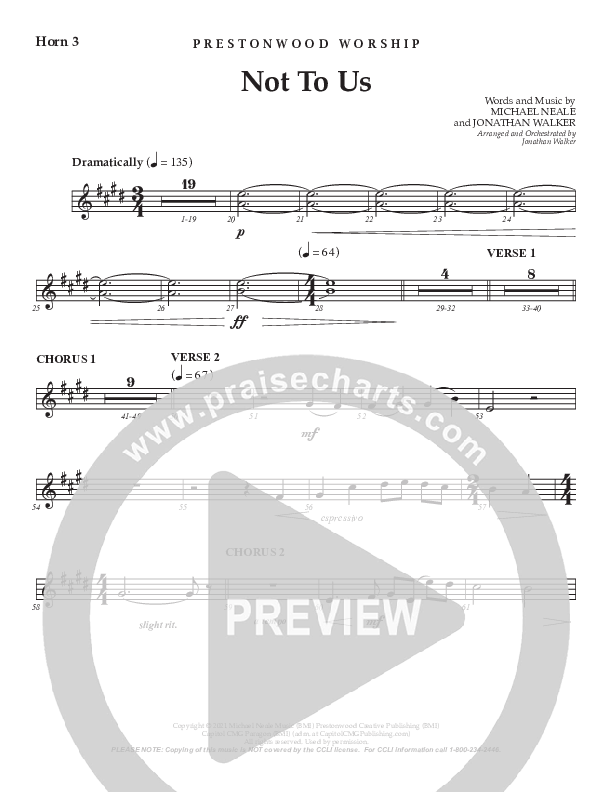 Not To Us (Choral Anthem SATB) French Horn 3 (Prestonwood Worship / Prestonwood Choir / Arr. Jonathan Walker)