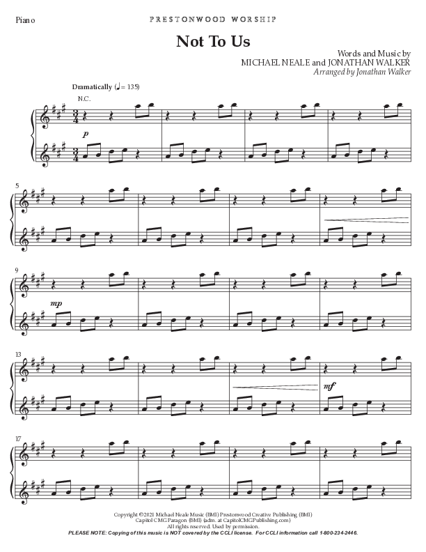 Not To Us (Choral Anthem SATB) Piano Sheet (Prestonwood Worship / Prestonwood Choir / Arr. Jonathan Walker)