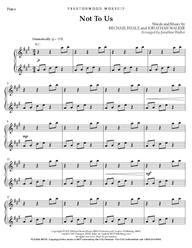 Not To Us (Choral Anthem SATB) Piano Sheet (Prestonwood Worship / Prestonwood Choir / Arr. Jonathan Walker)