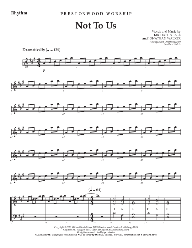 Not To Us (Choral Anthem SATB) Rhythm Chart (Prestonwood Worship / Prestonwood Choir / Arr. Jonathan Walker)