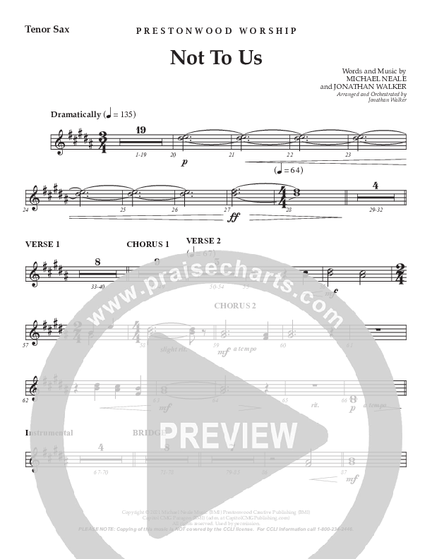 Not To Us (Choral Anthem SATB) Tenor Sax 2 (Prestonwood Worship / Prestonwood Choir / Arr. Jonathan Walker)