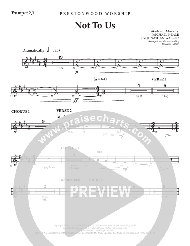 Not To Us (Choral Anthem SATB) Trumpet 2/3 (Prestonwood Worship / Prestonwood Choir / Arr. Jonathan Walker)
