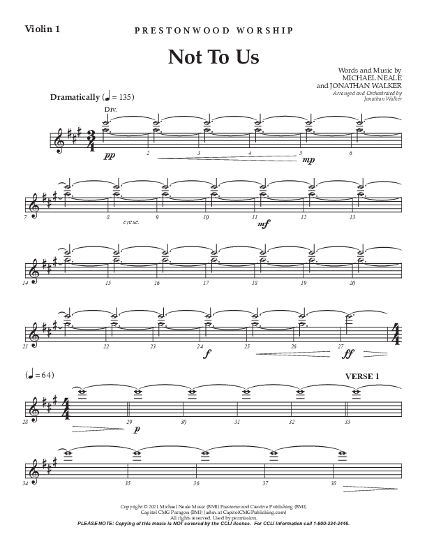 Not To Us (Choral Anthem SATB) Violin 1 (Prestonwood Worship / Prestonwood Choir / Arr. Jonathan Walker)