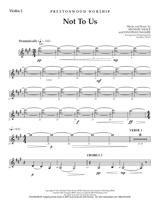 Not To Us (Choral Anthem SATB) Violin 2 (Prestonwood Worship / Prestonwood Choir / Arr. Jonathan Walker)