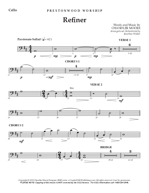 Refiner (Choral Anthem SATB) Cello (Prestonwood Worship / Prestonwood Choir / Arr. Jonathan Walker)