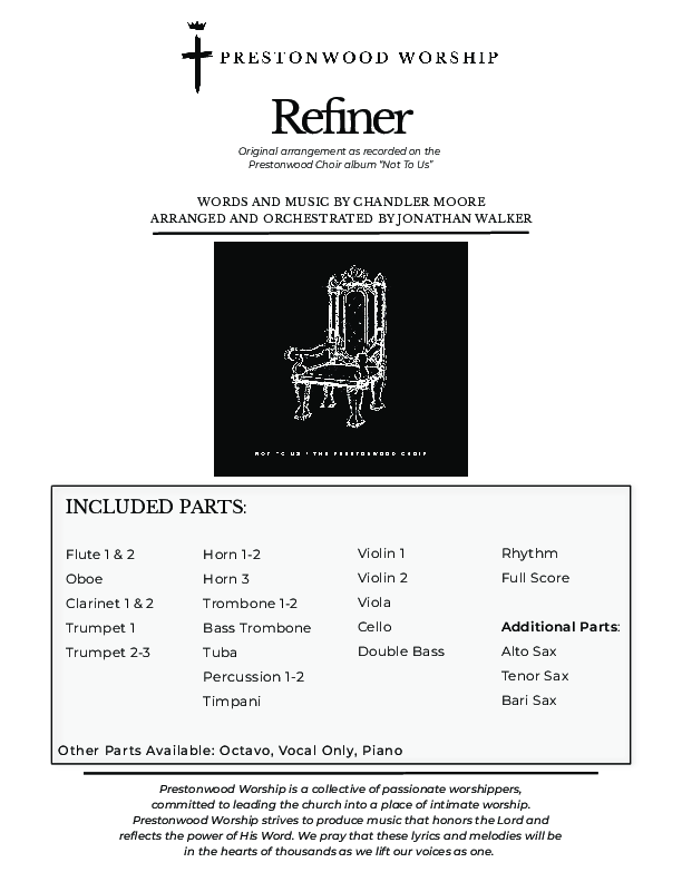 Refiner (Choral Anthem SATB) Orchestration (Prestonwood Worship / Prestonwood Choir / Arr. Jonathan Walker)