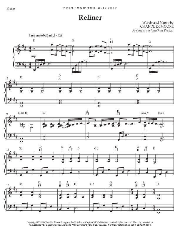 Refiner (Choral Anthem SATB) Piano Sheet (Prestonwood Worship / Prestonwood Choir / Arr. Jonathan Walker)
