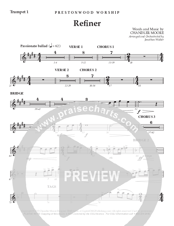 Refiner (Choral Anthem SATB) Trumpet 1 (Prestonwood Worship / Prestonwood Choir / Arr. Jonathan Walker)