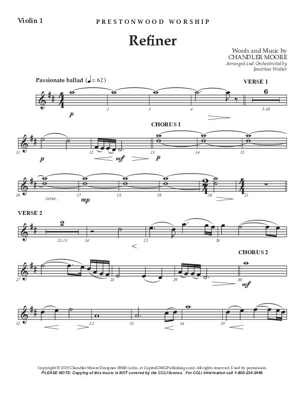 Refiner (Choral Anthem SATB) Violin 1 (Prestonwood Worship / Prestonwood Choir / Arr. Jonathan Walker)