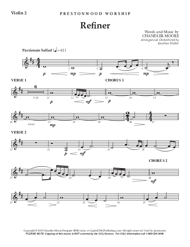 Refiner (Choral Anthem SATB) Violin 2 (Prestonwood Worship / Prestonwood Choir / Arr. Jonathan Walker)