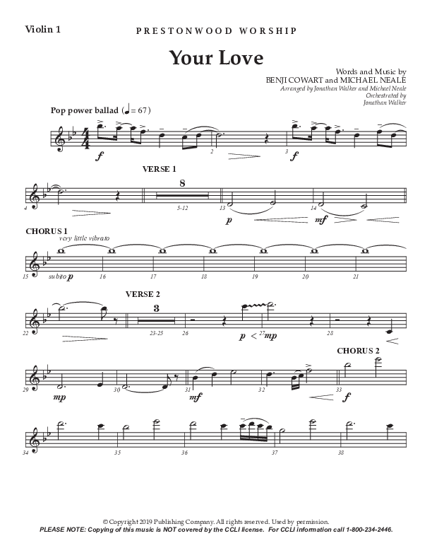 Your Love (Choral Anthem SATB) Violin 1 (Prestonwood Worship / Prestonwood Choir / Arr. Jonathan Walker / Orch. Michael Neale)