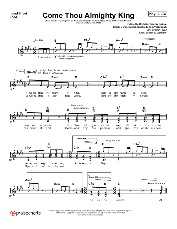 Come Thou Almighty King Lead Sheet (SAT) (Keith & Kristyn Getty)