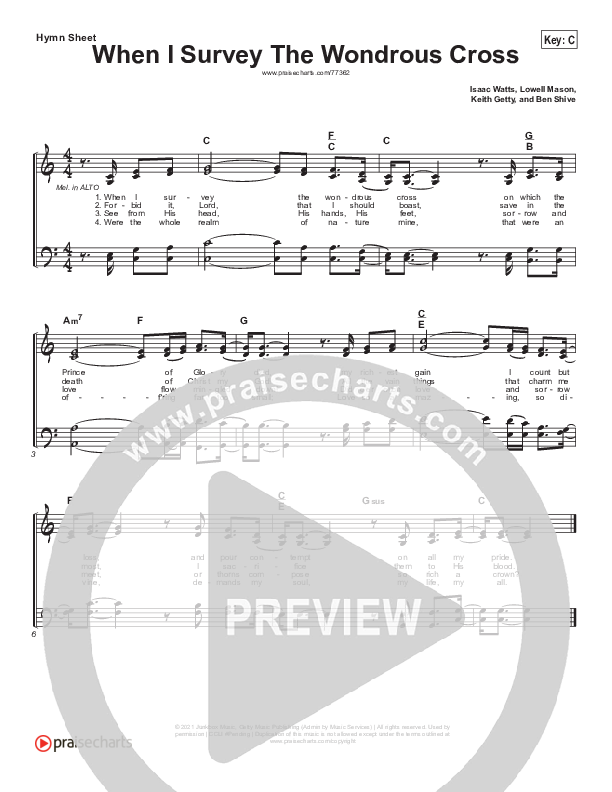 When I Survey The Wondrous Cross (British Melody) Hymn Sheet (Keith & Kristyn Getty)