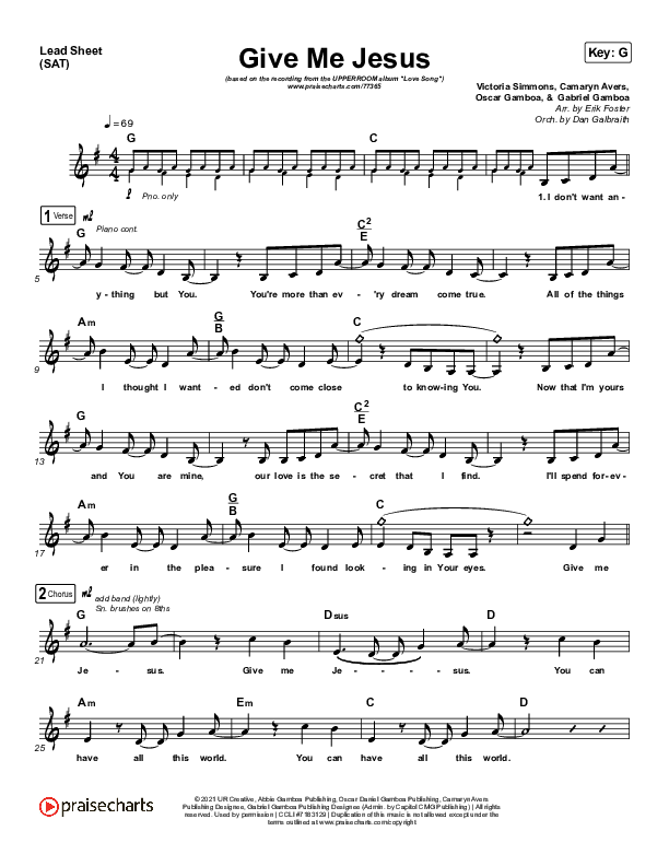 Give Me Jesus Lead Sheet (SAT) (UPPERROOM / Abbie Gamboa)