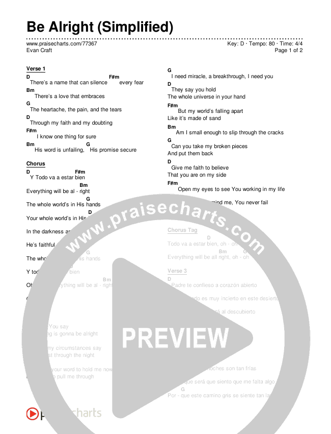 Be Alright (Simplified) Chord Chart (Evan Craft)