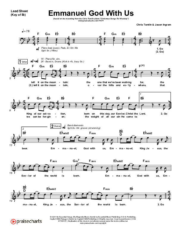 Emmanuel God With Us (Live) Lead Sheet (Melody) (Chris Tomlin)