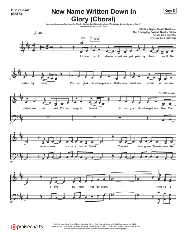 New Name Written Down In Glory (Choral Anthem SATB) Choir Sheet (SATB) (Arr. Luke Gambill / Charity Gayle / David Gentiles)