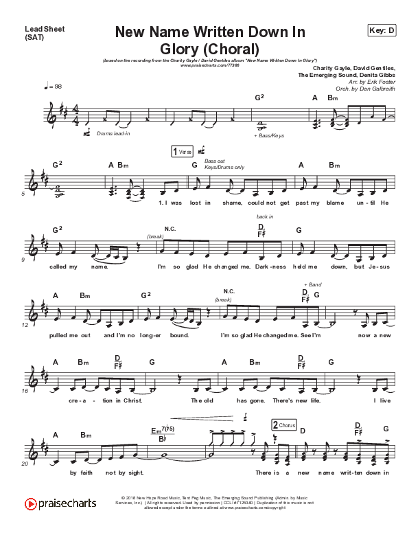 New Name Written Down In Glory (Choral Anthem SATB) Lead Sheet (SAT) (Arr. Luke Gambill / Charity Gayle / David Gentiles)