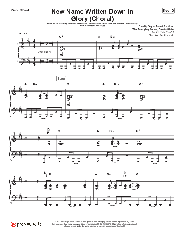 New Name Written Down In Glory (Choral Anthem SATB) Piano Sheet (Arr. Luke Gambill / Charity Gayle / David Gentiles)