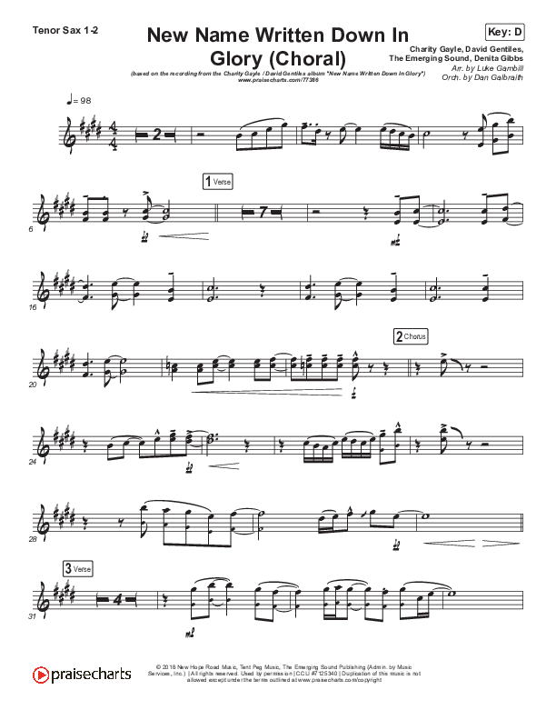 New Name Written Down In Glory (Choral Anthem SATB) Tenor Sax 1/2 (Arr. Luke Gambill / Charity Gayle / David Gentiles)