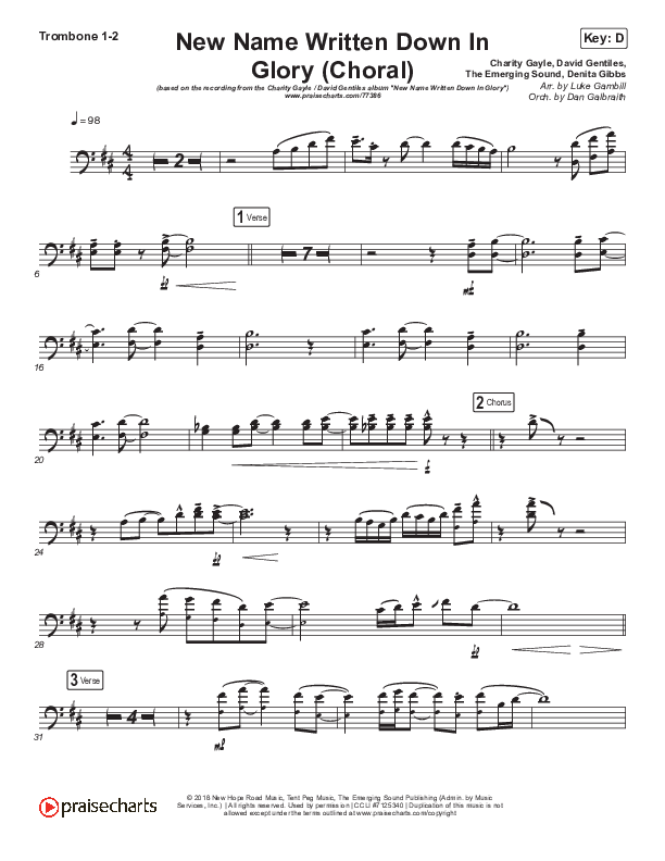 New Name Written Down In Glory (Choral Anthem SATB) Trombone 1/2 (Arr. Luke Gambill / Charity Gayle / David Gentiles)