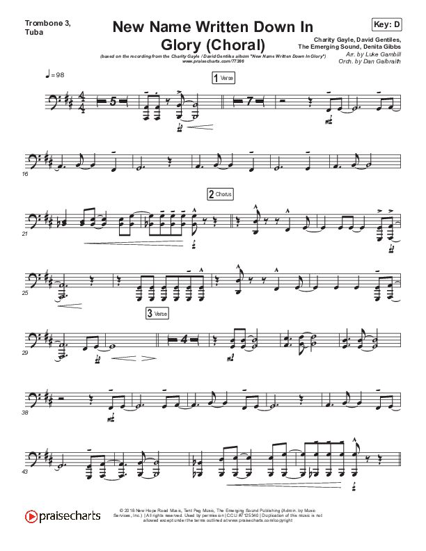 New Name Written Down In Glory (Choral Anthem SATB) Trombone 3/Tuba (Arr. Luke Gambill / Charity Gayle / David Gentiles)